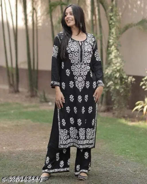Rayon Ghasspatti chikankari work kurta and plazzo set, heavy embroidery on Indian fashion wear for women