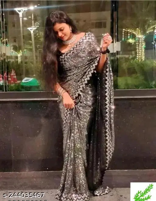 Georgette embroidered sari in black and white, traditional outfit, sleeveless top