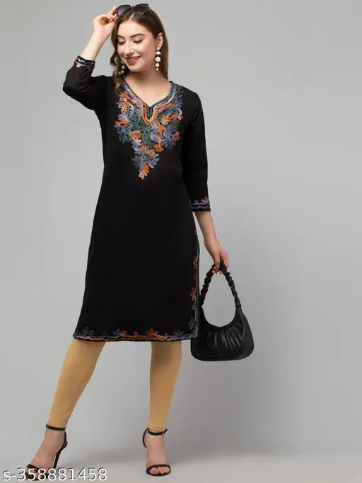 Embroidered wool designer lace kurti for party wear, embroidery work, women's winter wear