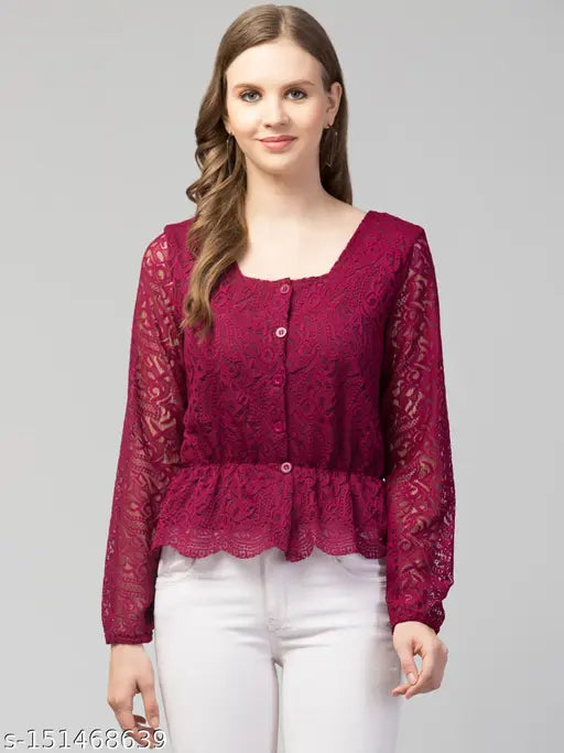 Long-sleeved floral bishop sleeve peplum lace top, self-design net, M size (36in bust, 22in length)