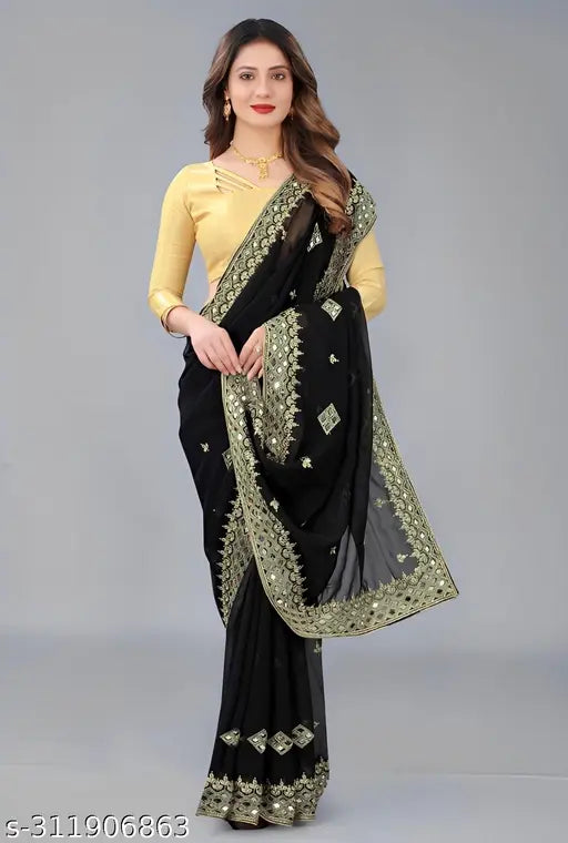 Black and gold embroidered saree with mirror work