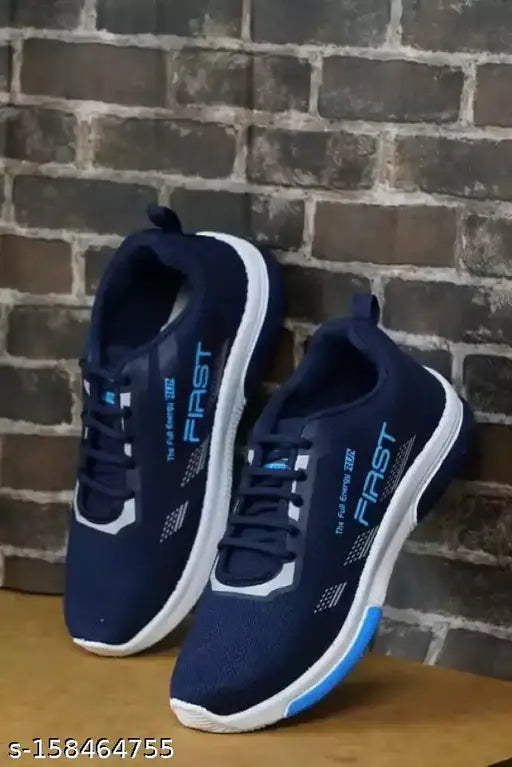 Blue and black sports shoes, blue laces, white sole, white logo on side