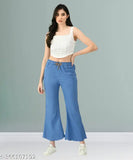 Stretchable light blue denim flared jeans with elastic waist and ankle cuffs, plus size, for women
