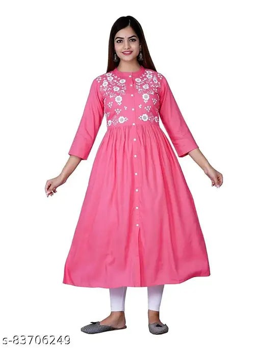 Rayon embroidered Anarkali kurta with three-quarter sleeves, intricate embroidery on neck, handmade Indian women's clothing