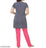 Pink and Grey printed cotton night suit set for women and girls, featuring a casual t-shirt top with round neck, short sleeves, and one side pocket, and pyjama bottoms with drawstring for fastening, slant pockets, and relaxed fit. Ideal for leisure, lounge wear, sleepwear, and everyday use