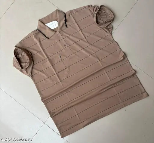 Striped printed cotton blend men's polo t-shirt with pocket, ideal for formal & casual wear