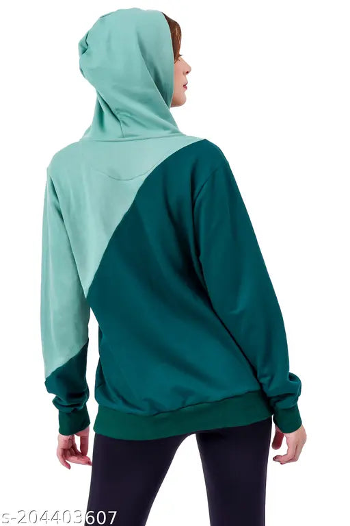 Green cotton blend color blocked hoodie with adjustable drawstring hood, long sleeves, and kangaroo pockets - perfect for casual outfits. Made in India