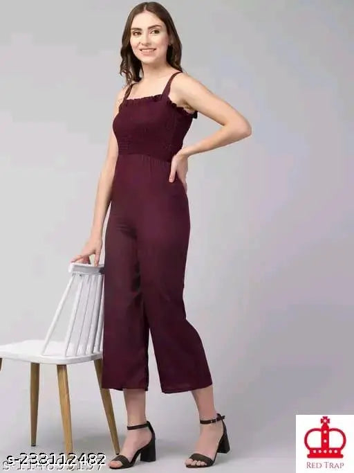 Sleeveless crepe jumpsuit set with shrug combo for women and girls, solid pattern - S (34-28-45in), M (36-30-45in), Indian origin