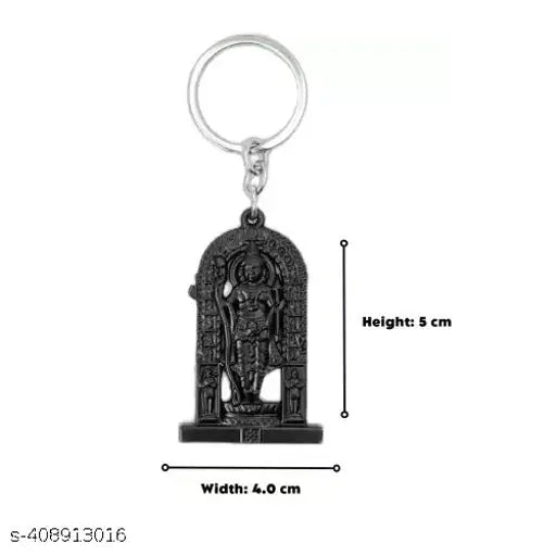 Golden metal Ayodhya Ram Lalla keychain with black counterpart for car dashboard - intricate religious idol art from India