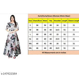 White rayon Anarkali gown with three-quarter sleeves and floral print, popular girls' fashion for parties or festivals