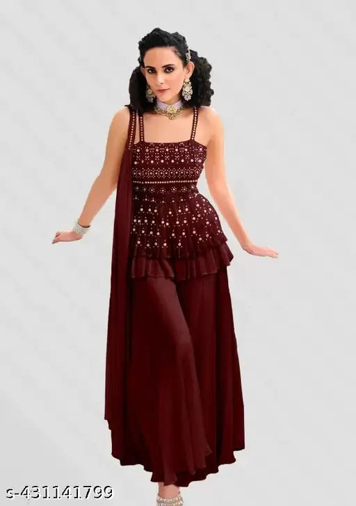 Red georgette salwar kameez palazzo set, heavy embroidery