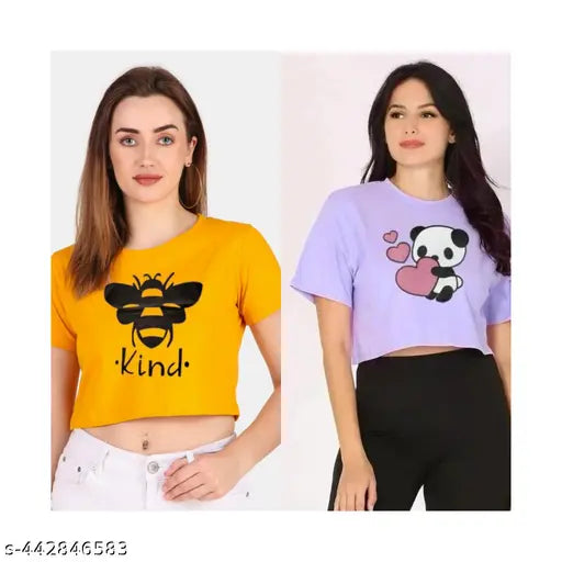 Cute printed cotton-blend women's crop top combo set2, short sleeves, S-XL sizes