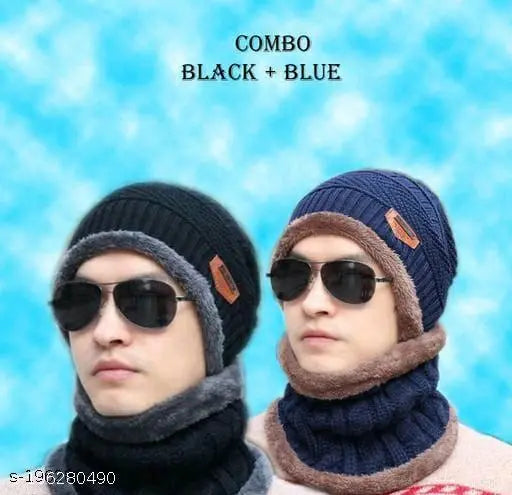 Woolen cap set (CAP+NECK MUFF) - soft, fur-lined winter protection for kids, two pieces in one size, Indian origin