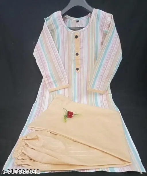 Yellow striped cotton kurti palazzo set for women, India