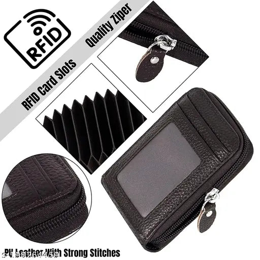 RFID-blocking black leather card organizer, stores up to 11 cards and cash in textured net design