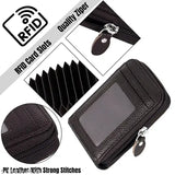 RFID-blocking black leather card organizer, stores up to 11 cards and cash in textured net design