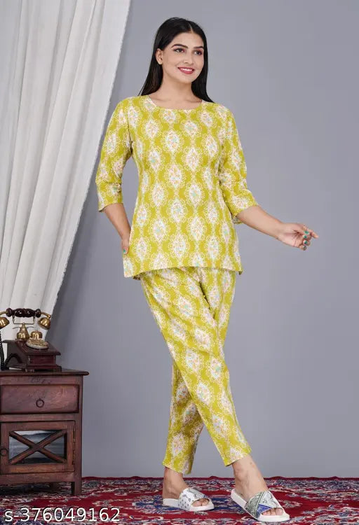 Women's yellow cotton printed night suit top and pyjama coord sets, comfortable loungewear for matching pajamas and sleep sets, cozy nightwear from India