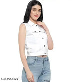 White denim sleeveless collar neck women's regular jacket, solid design by New Classsic Enterprises from India