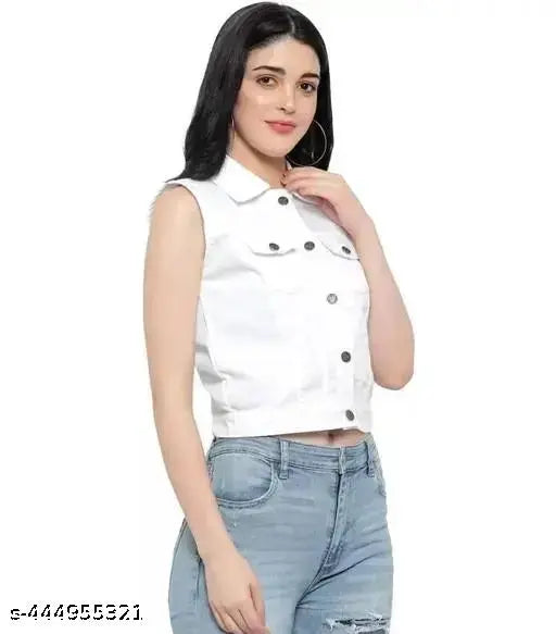 White denim sleeveless collar neck women's regular jacket, solid design by New Classsic Enterprises from India