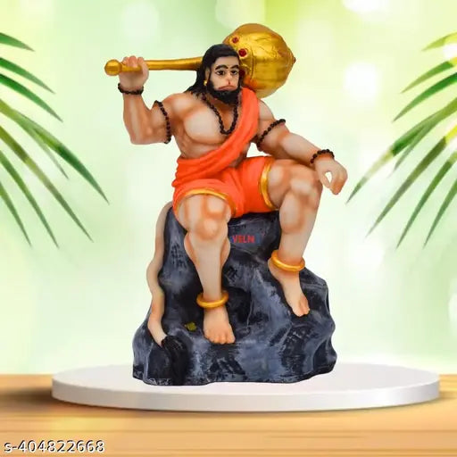 Hanuman Murti Resin Statue, 5-inch Bahubali Sitting on Mountain Idol for Car/Office/Study Table - Indian artisanal spiritual decor