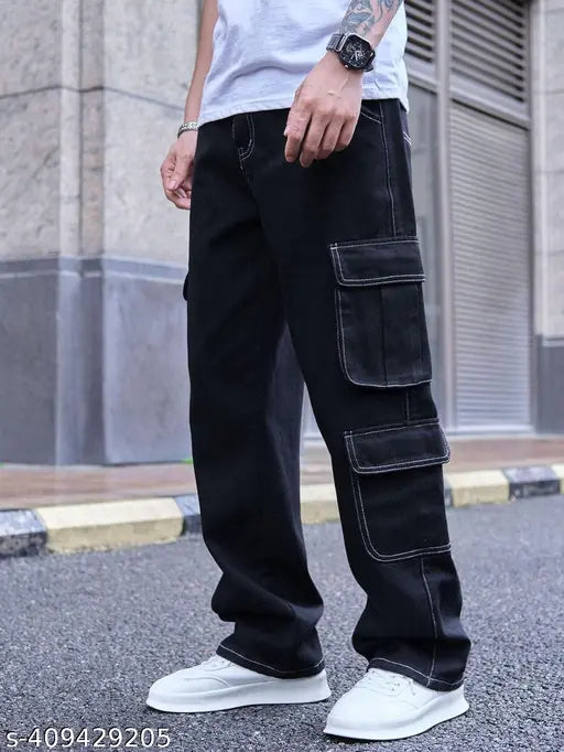 Black denim cargo pants with large pockets