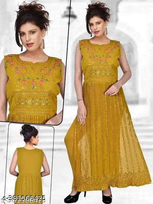 Golden georgette kurta with fringed details, floor-length style