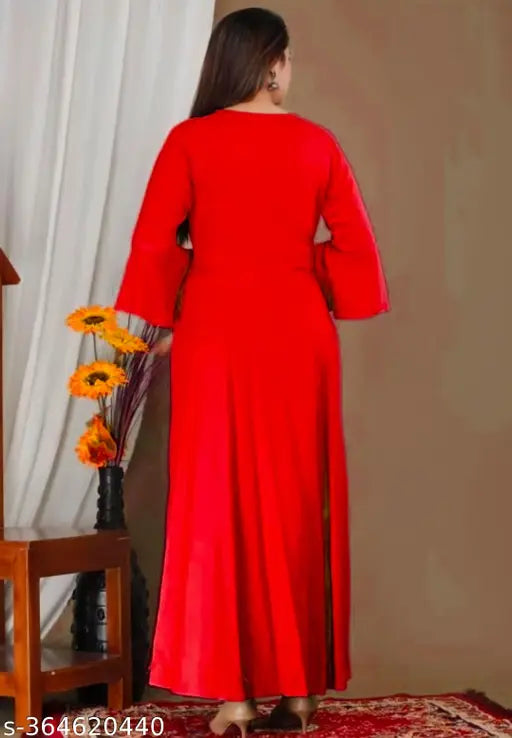 Red rayon bell gown kameez, long sleeves, flared skirt, V-neck, formal wear