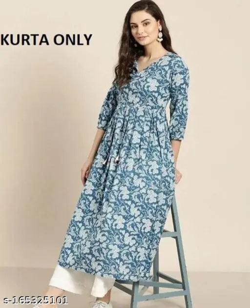 Blue cotton printed tunic with V-neck, flared sleeves, and a gathered waist.