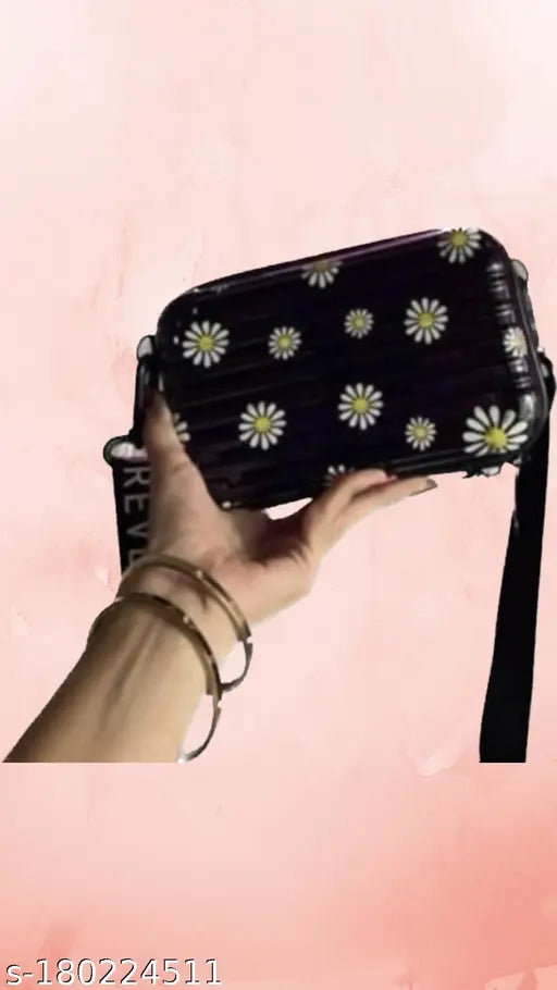 Small black box sling bag with a cute, classy, and girly floral print, suitable for women and girls as an attachable side bag