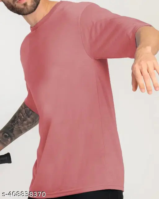 Peach cotton blend round neck T-shirt by STYLOGUE, high-quality loose fit for all seasons