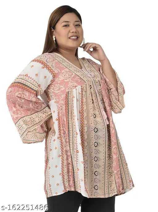 Veldress pink rayon crepe plus size top, long sleeves, striped pattern - XL, XXL, XXXL