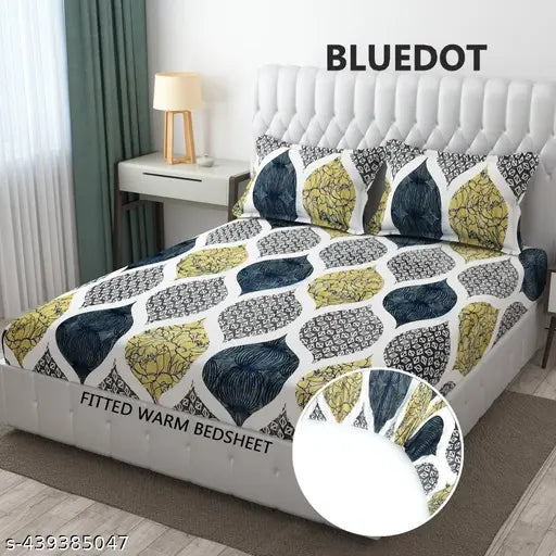 Blue dots flannel king-size elastic fitted bedsheet with 2 matching pillow covers - luxurious ethnic motif design, ideal for adult summer use
