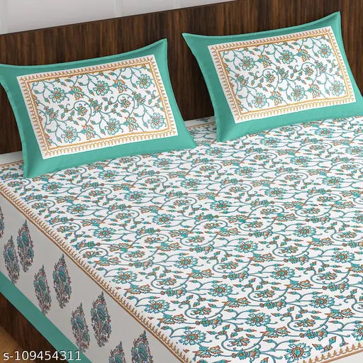 Fine cotton floral bedsheet & pillow cover set (Double Queen, 160 thread count), ideal for summer, from Jaipuri Cotton Fabric, India