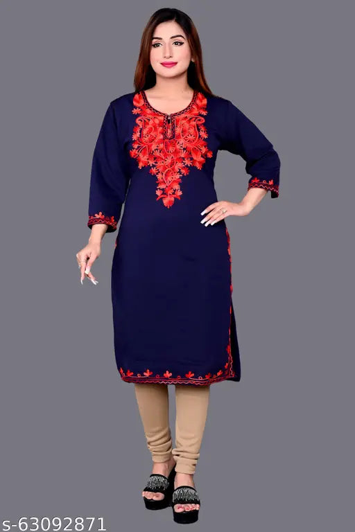 Woolen kurti for women, long-sleeve straight cut, embroidered design