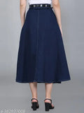 Denim blue long stretchable skirt with front pockets - all seasons Western style, midi length, comfortable fit, perfect for various occasions. (Available sizes: 26, 28, 30, 32, 34, 36, 38, 40, 42, 44, Country of Origin: India)