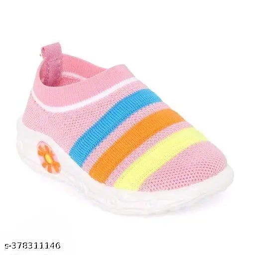 Children's colorful sport shoes with orange, yellow, pink and blue stripes