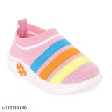 Children's colorful sport shoes with orange, yellow, pink and blue stripes