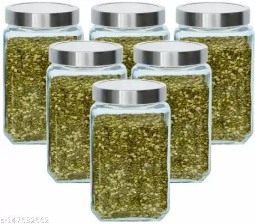 Clear glass jars, set of 6, airtight, see-through cap, 1000ml, for dry fruits or masala, kitchen pantry storage