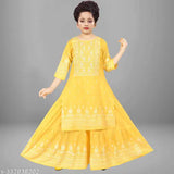Embroidered rayon kurta and sharara set, A-line with three-quarter sleeves for girls aged 4-16, intricately designed traditional Indian clothing