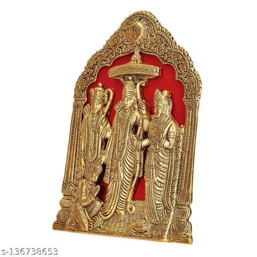 Gold-metal Ram Darbar figurine sculpture with Hanuman Ji for pooja, home decor, religious wall hangings, festive decor, idols. Dimensions: 21.5 cm (H) x 17 cm (W) x 2 cm (D). Shree Ram Jankee Lakhan Hanuman, Jai Shree Ram Lala. Country of origin: India