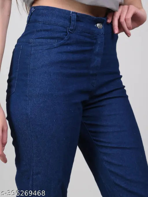 Dark blue stretchable premium denim baggy jeans, plus size, mid waist, elastic waist, ankle cuff, cargo pockets, capris, jeans for women