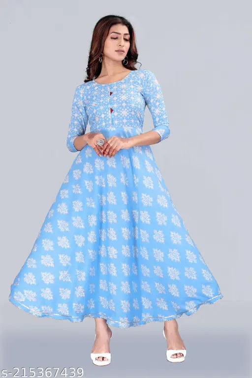 White and silver foil print, three-quarter sleeve cotton blend flared kurti for winter - M (38in bust), available in larger sizes