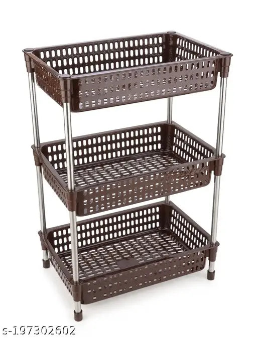 Three-layer brown plastic and stainless steel tiered shelf with removable fruit and vegetable baskets, for kitchen storage
