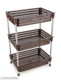 Three-layer brown plastic and stainless steel tiered shelf with removable fruit and vegetable baskets, for kitchen storage