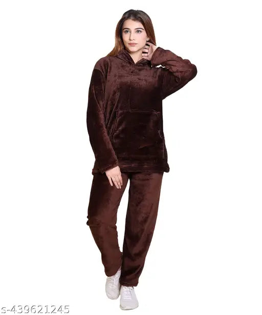 Soft and breathable wool hooded nightsuit set in winter colors, perfect for girls and women