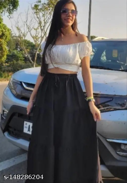 Black midi skirt with ruffled hem and elastic waistband