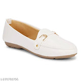 Detailed white bellies with golden metal buckle for women & girls, synthetic slip-on ballerinas for casual comfort and confidence. Made in India