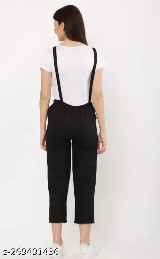 Black cotton blend full length dungaree from Evergreen Collection, printed net pattern, short sleeves, comfortable fit for women, India origin