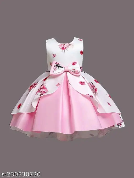 Pink printed satin frock with full sleeves, suitable for 4-5-year-old girls, party wear