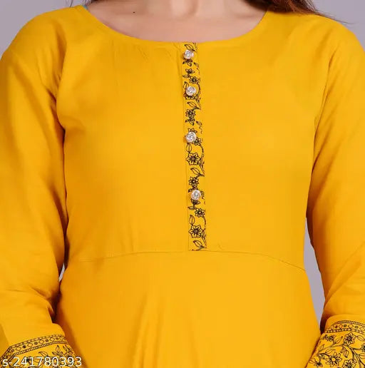 Mustard solid rayon Anarkali women's kurta, three-quarter sleeves, Indian fashion trend